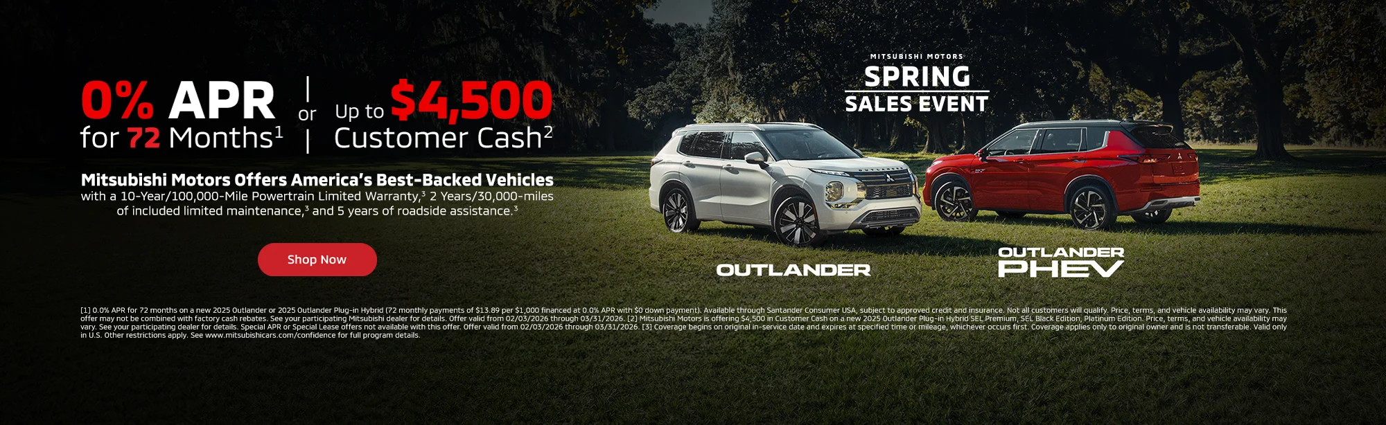 Mitsubishi Spring Sales Event ad featuring two SUVs on a grassy field. Text highlights 0% APR for 72 months or up to $4,500 customer cash offer.