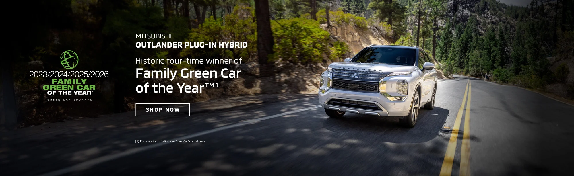 Silver Mitsubishi Outlander PHEV driving on a winding road through a forest. Text highlights its award as &rsquo;Family Green Car of the Year&rsquo; for 2023-2026.