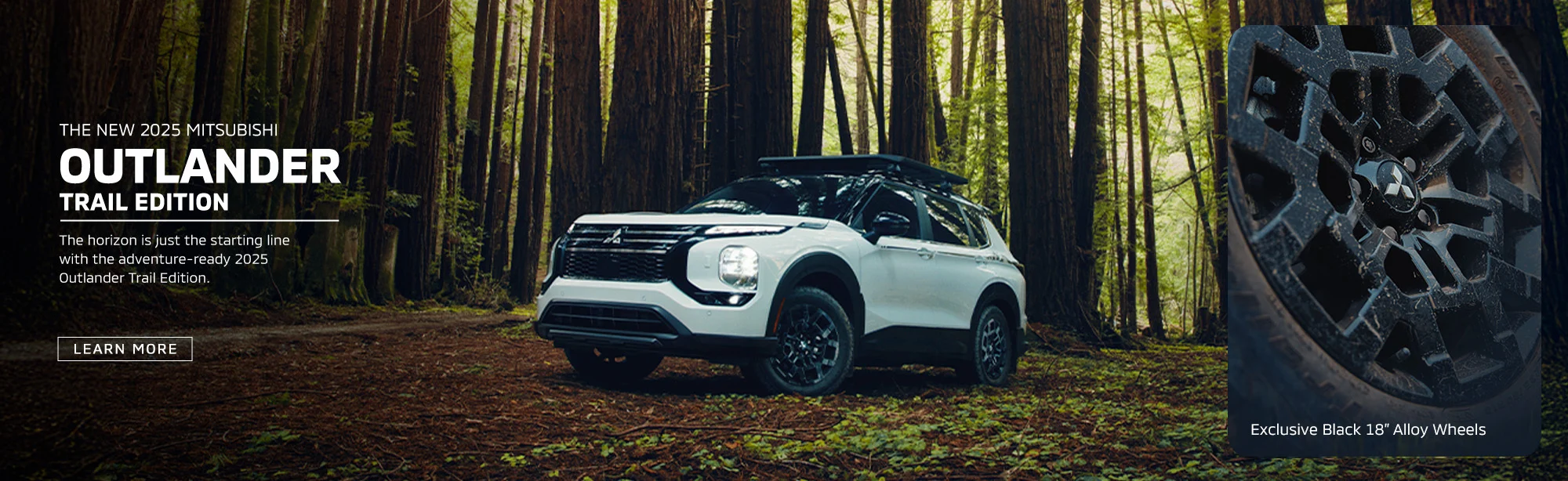 2025 Mitsubishi Outlander Trail Edition SUV in a lush forest, featuring black 18-inch alloy wheels. The setting suggests adventure and exploration.